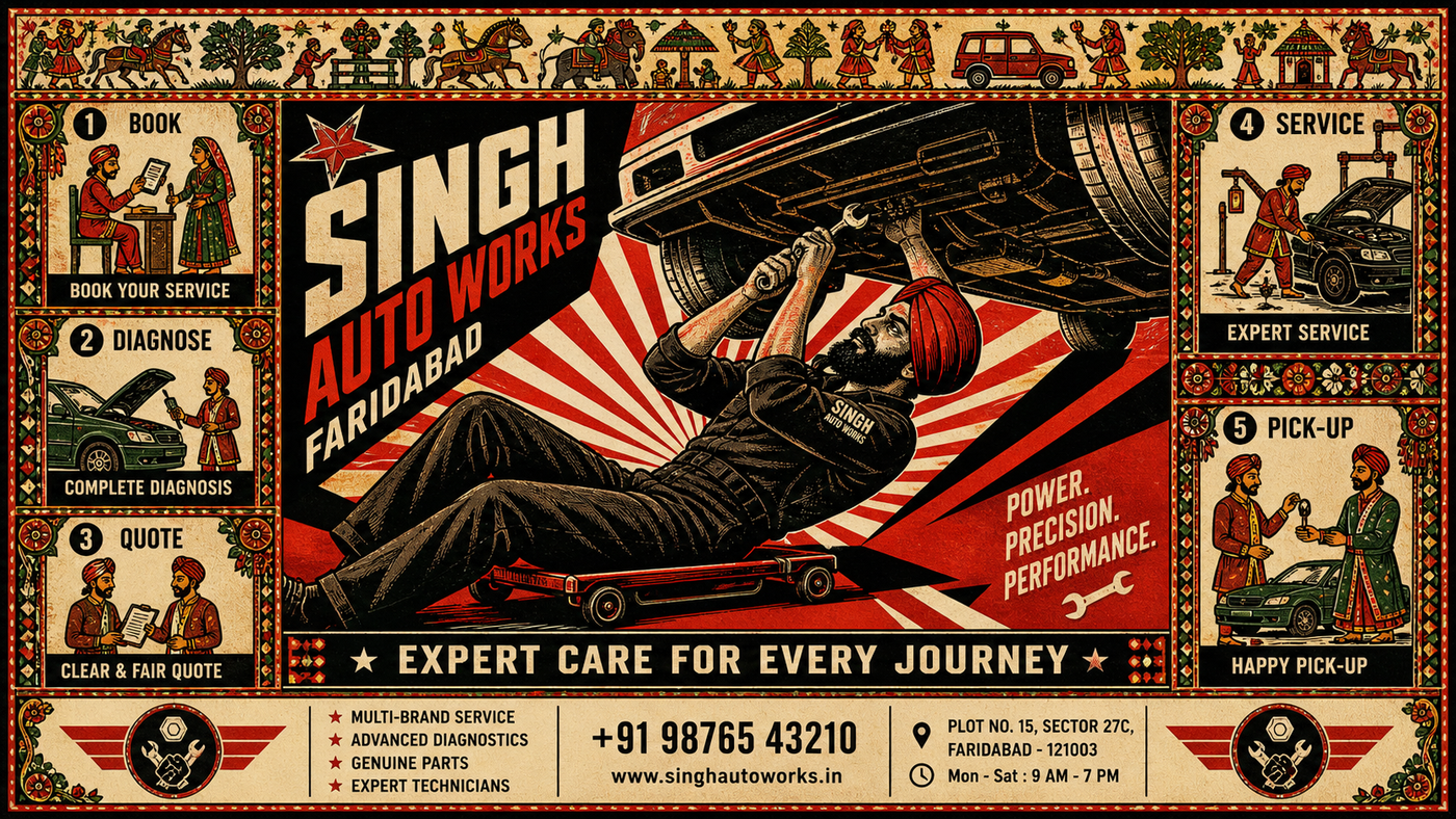 Singh Auto Works Faridabad — owner Gurpreet Singh in navy mechanic overalls and blue turban kneeling beside a Maruti Swift's open hood, talking through diagnostics with the customer; SINGH MOTORS painted signage SERVICE | REPAIR | TRUST visible in background, Ganesh idol on shelf, brass framed Guru Nanak portrait